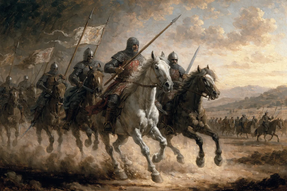 El Cid Campeador montando a Babieca, un caballo blanco, al frente de una carga de caballeria contra los almoravides cerca de Valencia