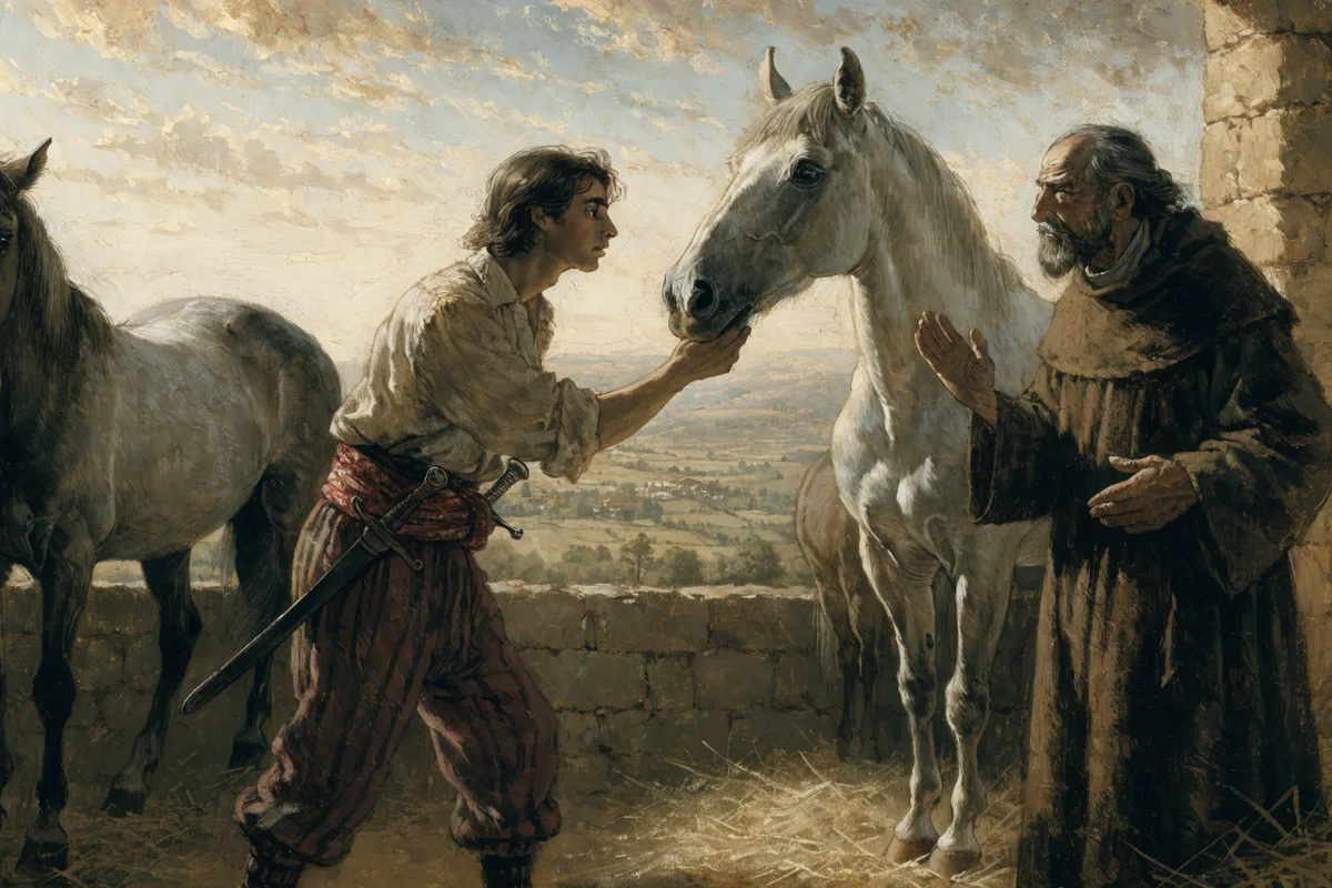 El joven Rodrigo eligiendo al caballo blanco Babieca en una yeguada medieval mientras su padrino observa con sorpresa