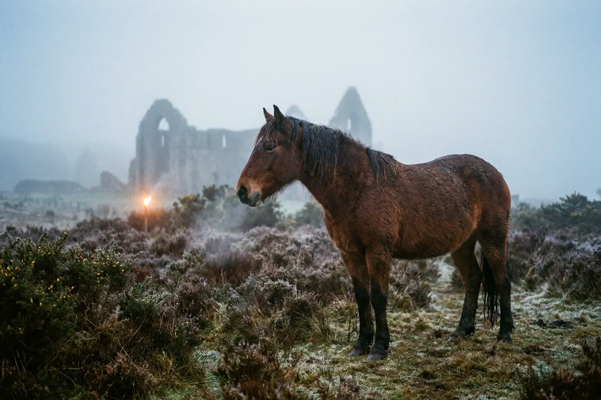 Caballo Cleveland Bay en los paramos de Yorkshire, cuna historica de la raza mas antigua de Inglaterra