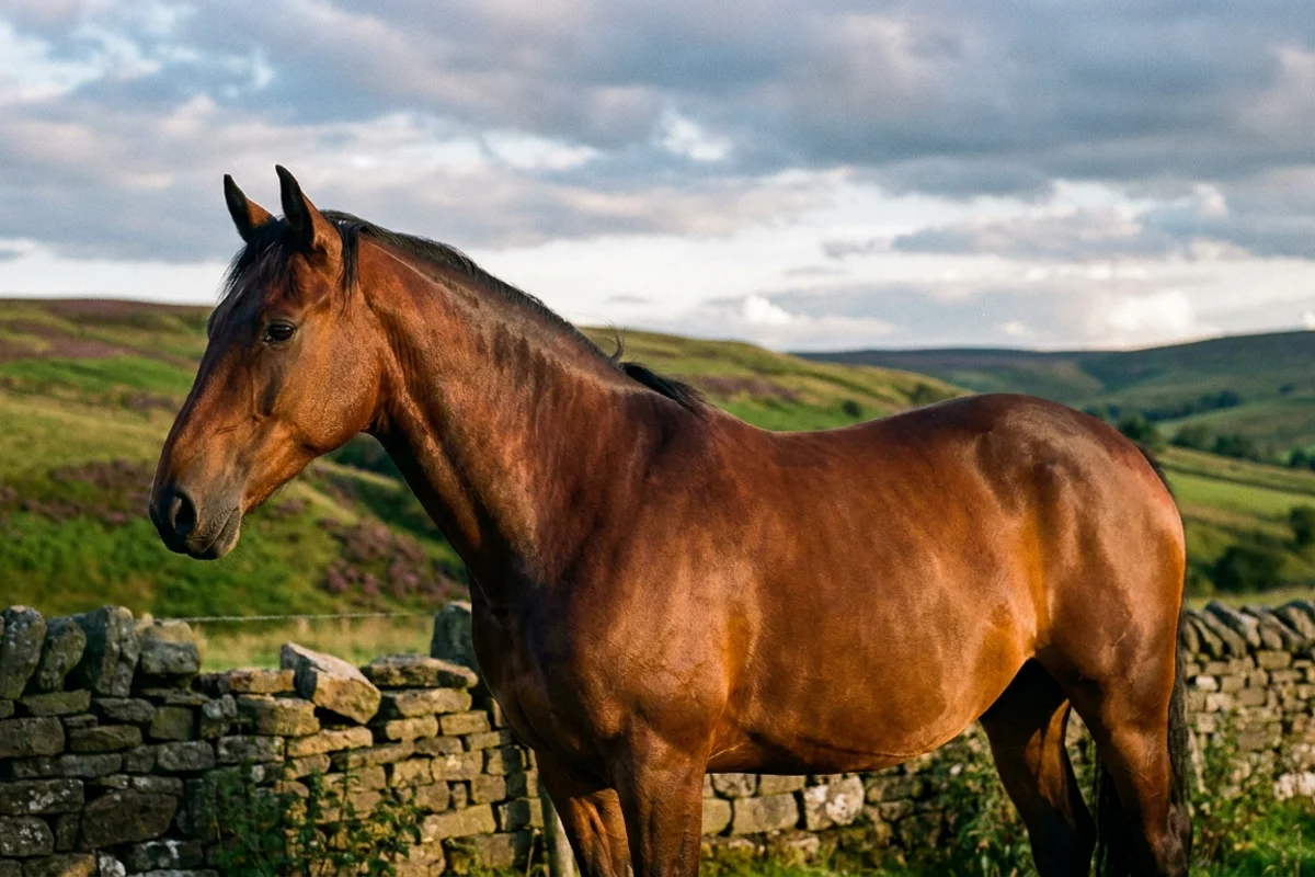 Primer plano de un caballo Cleveland Bay mostrando su tono bayo rojizo y ojos expresivos