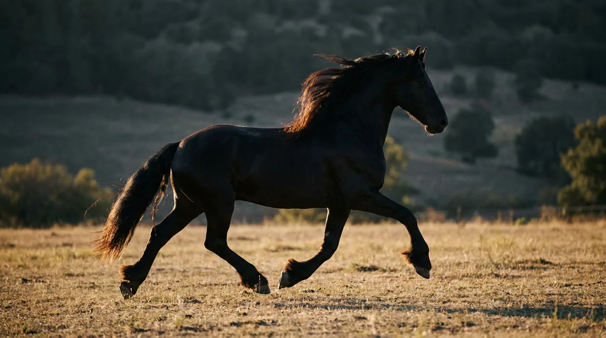 Caballo frisón al galope en campo abierto: el movimiento dramatico que lo convirtio en el caballo favorito de Hollywood