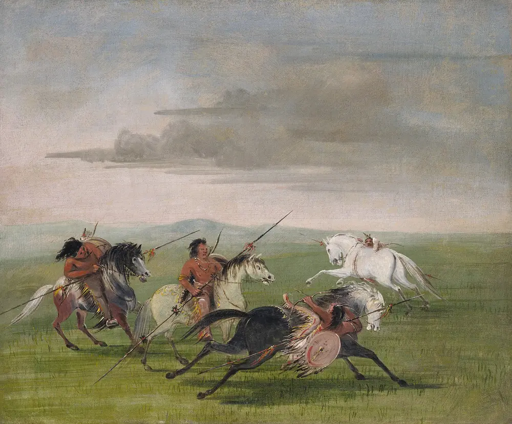 Pintura de George Catlin con jinetes comanches haciendo acrobacias a caballo