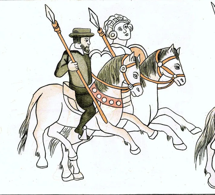 Jinetes españoles a caballo representados en el Lienzo de Tlaxcala, siglo XVI