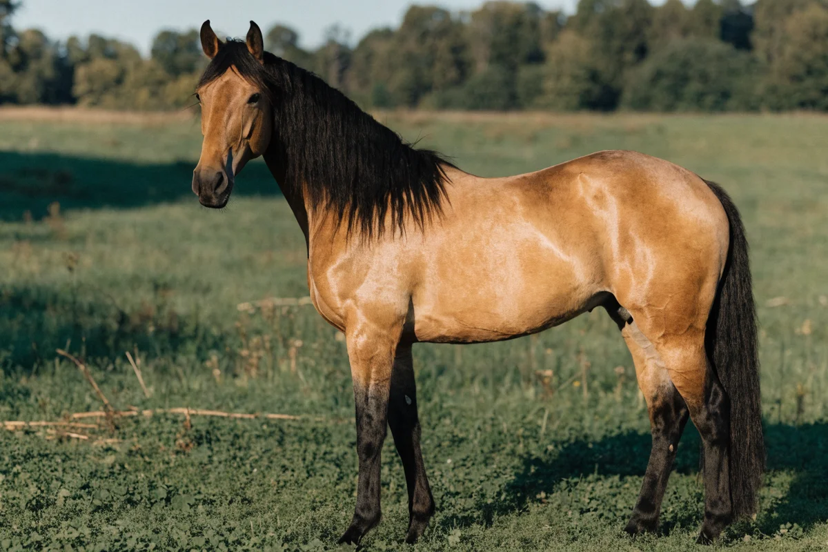 Caballo de capa buckskin: cuerpo dorado-amarillento con extremidades y crines negras
