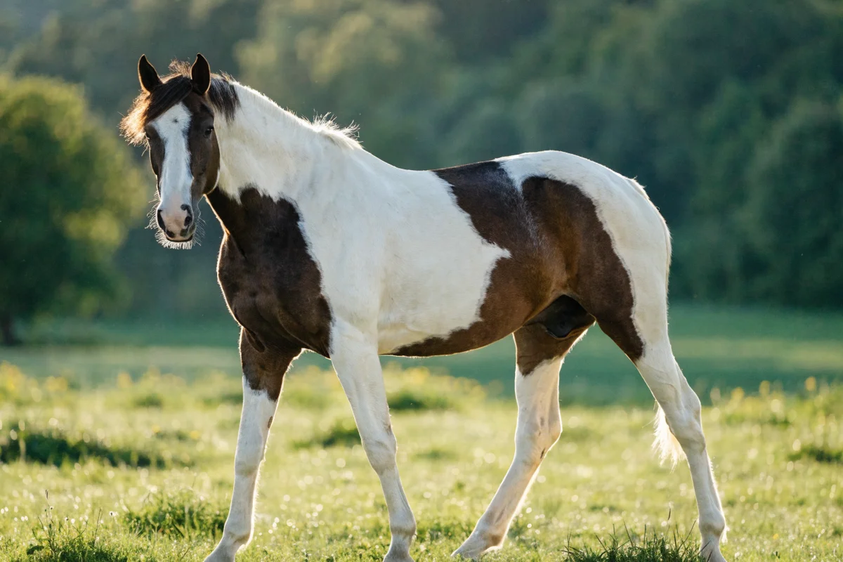 Caballo de patrón tobiano: grandes manchas blancas verticales que cruzan el lomo
