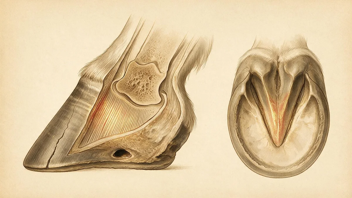 Ilustración de las enfermedades del casco del caballo: dónde golpean la laminitis, el absceso, la grieta de muralla y la ranilla infectada