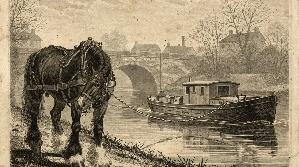 Caballo de barcaza arrastrando una embarcación por un canal inglés del siglo XIX, como Old Billy que vivió 62 años