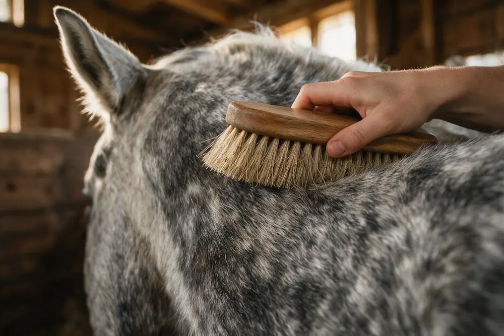 Primer plano de un cepillo de cerdas duras sobre el pelaje moteado de un caballo tordo