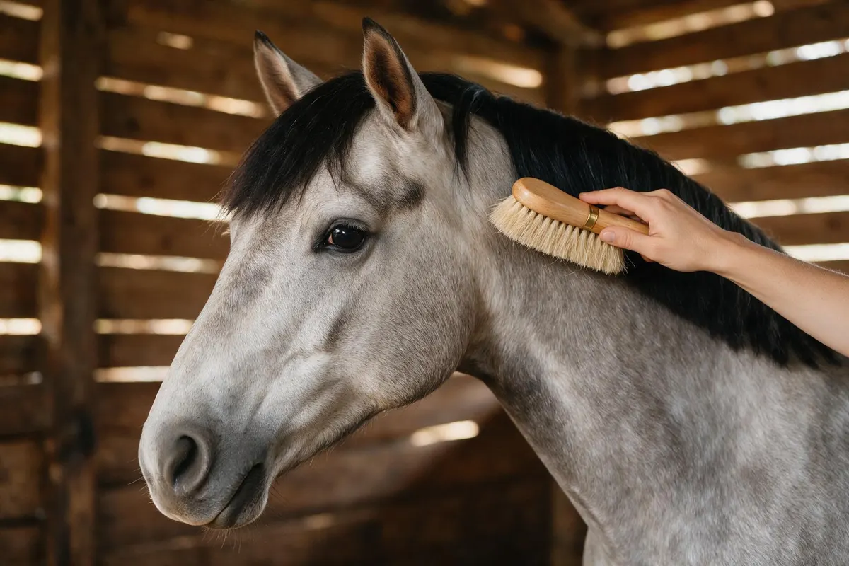 Cepillado de la crin de un caballo tordo con cepillo de cerdas, primer plano de la cabeza