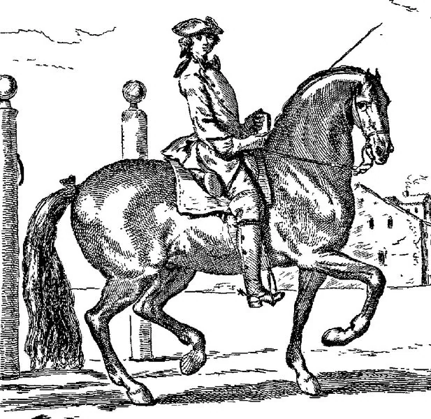 Grabado del École de Cavalerie de La Guérinière, el tratado fundacional de la doma clásica