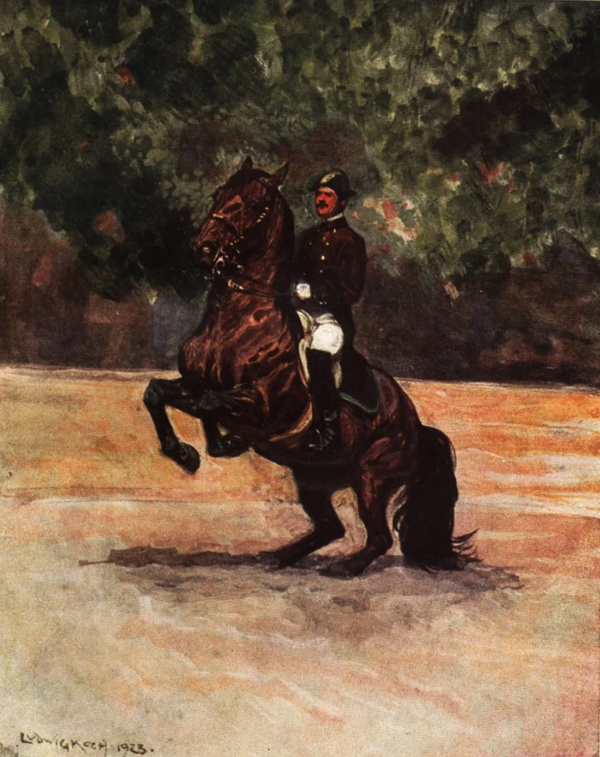 Levade con jinete, aire de la doma clásica pintado por Ludwig Koch en 1923