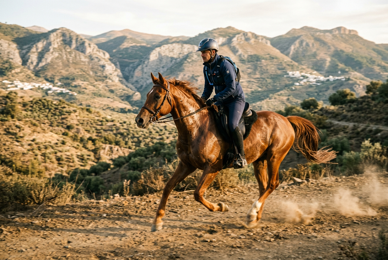 Caballo Hispano-arabe en pleno galope durante una prueba de endurance
