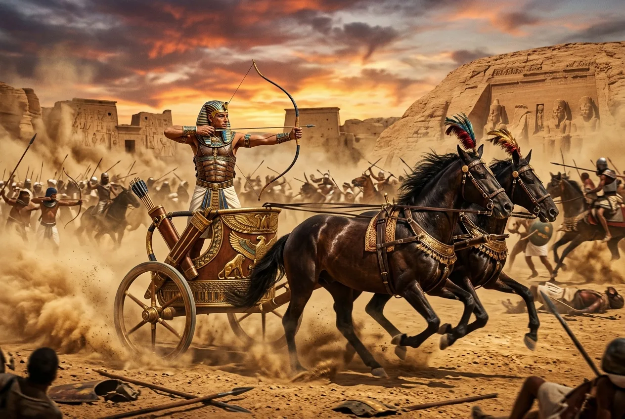 Carro de guerra egipcio tirado por caballos en la Antigüedad
