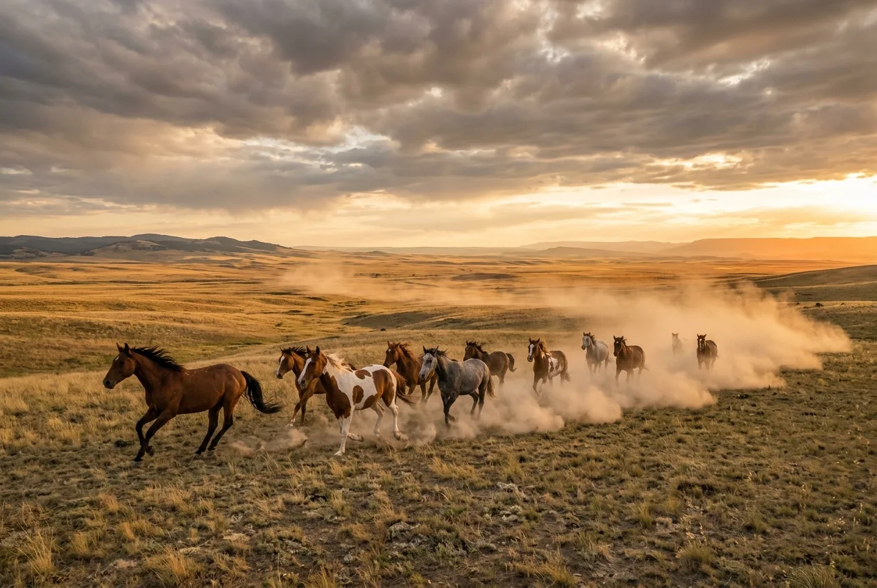 Mustangs salvajes galopando en las praderas americanas