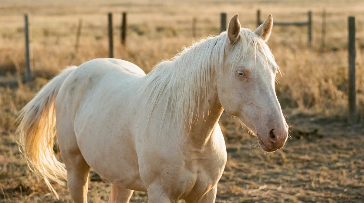 Caballo cremello con ojos azules: resultado de doble gen Cream, base para predecir el color de potros palominos