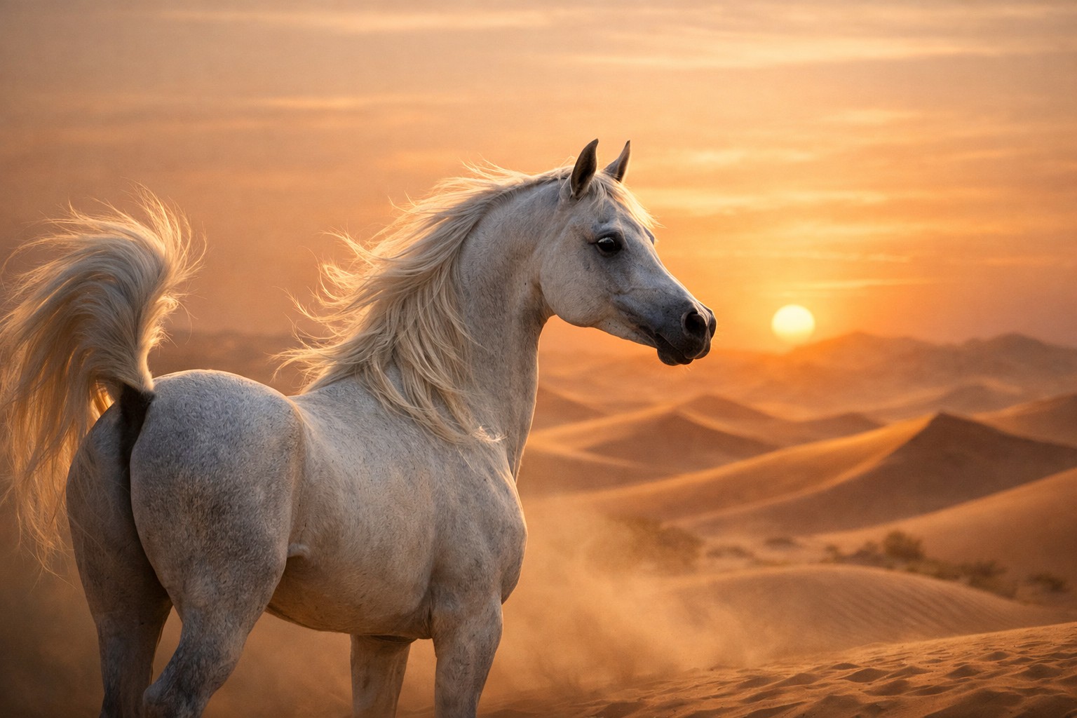 Caballo árabe con su característica cabeza cóncava y porte elegante, la raza más influyente de la historia