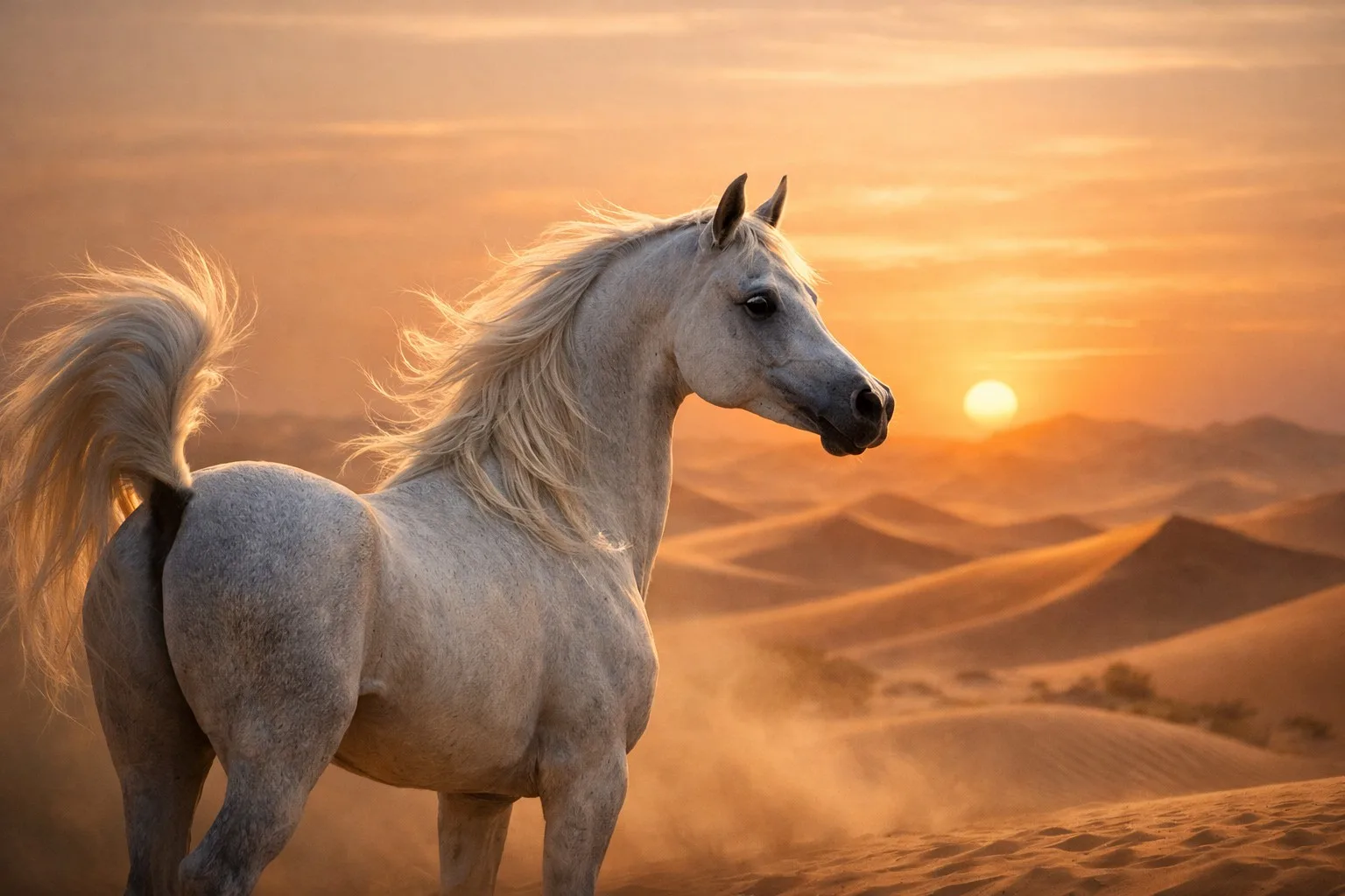 Caballo árabe con su característica cabeza cóncava y porte elegante, la raza más influyente de la historia