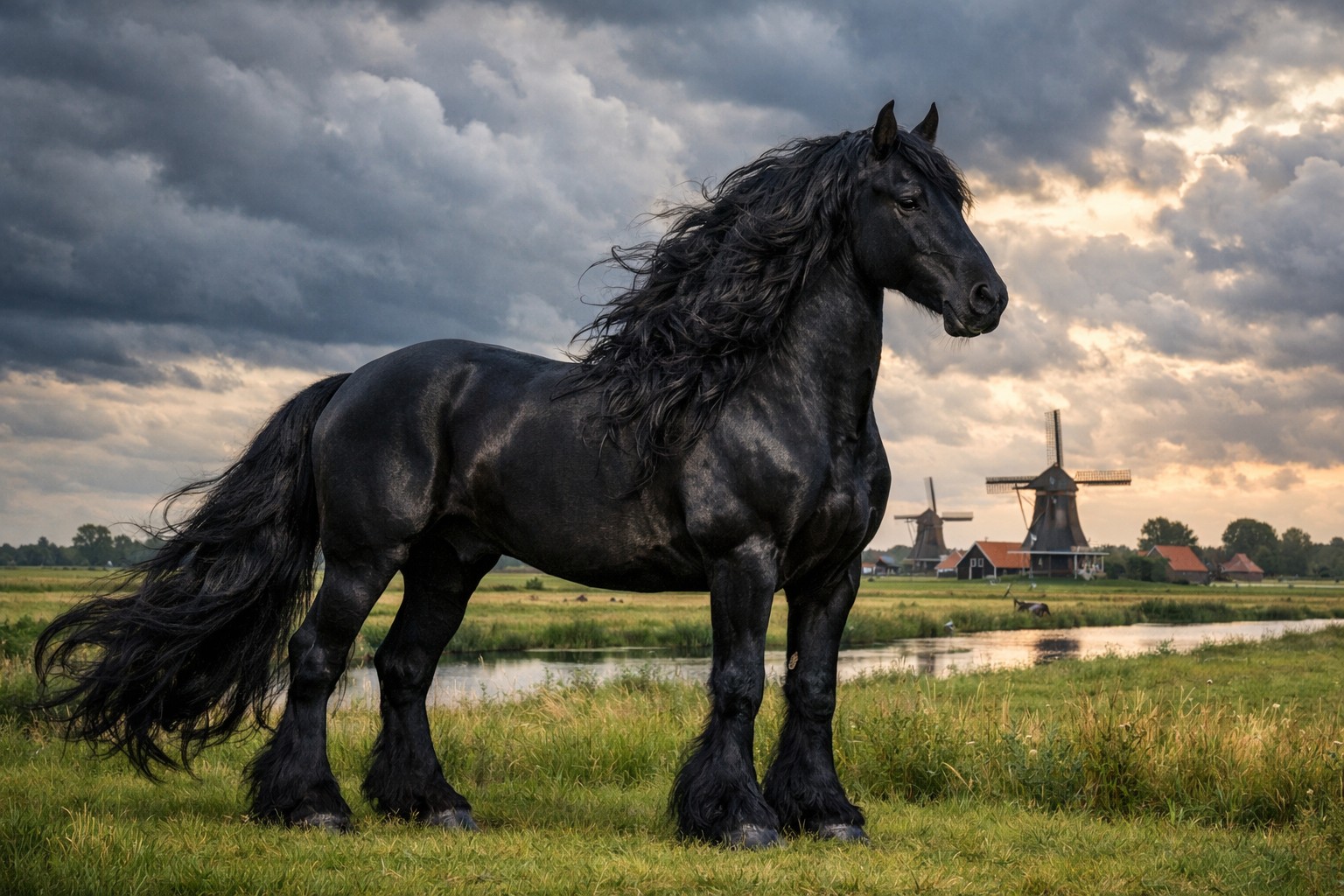Caballo Frisón negro con abundante crin y cola, una de las razas más elegantes de Europa