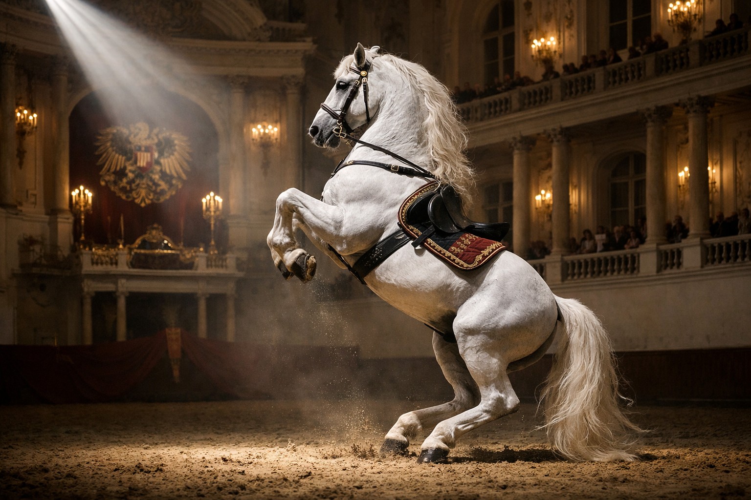 Caballo Lipizzano blanco de la Escuela de Viena realizando doma clásica de alta escuela