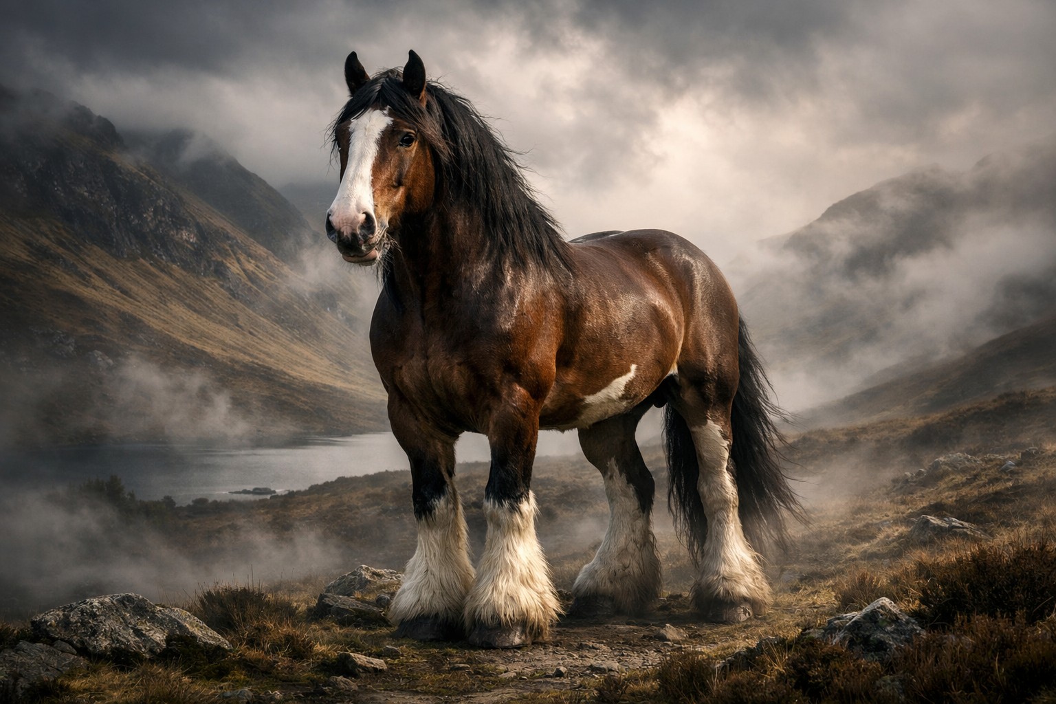 Caballo Clydesdale de tiro con sus característicos plumajes en las patas, raza escocesa de gran potencia
