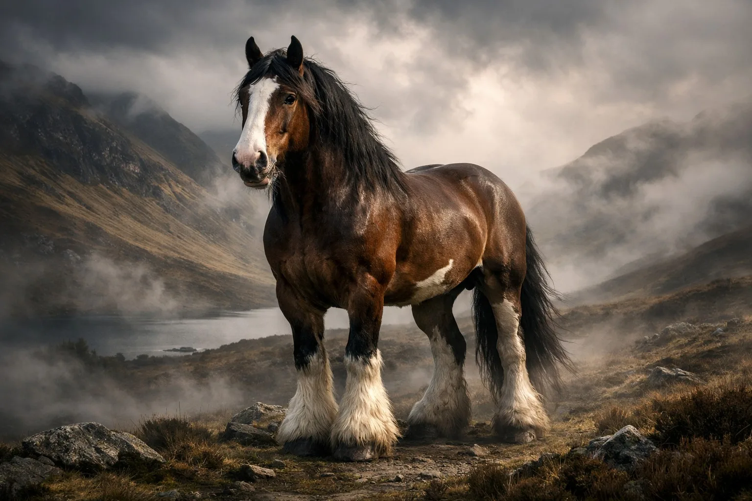 Caballo Clydesdale de tiro con sus característicos plumajes en las patas, raza escocesa de gran potencia