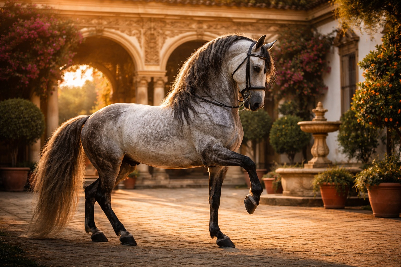 Pura Raza Español en doma clásica mostrando elegancia y colección, el caballo más admirado de España