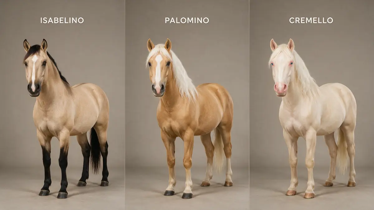 Comparativa visual de caballo isabelino con crines negras, palomino con crines blancas y cremello de ojos azules