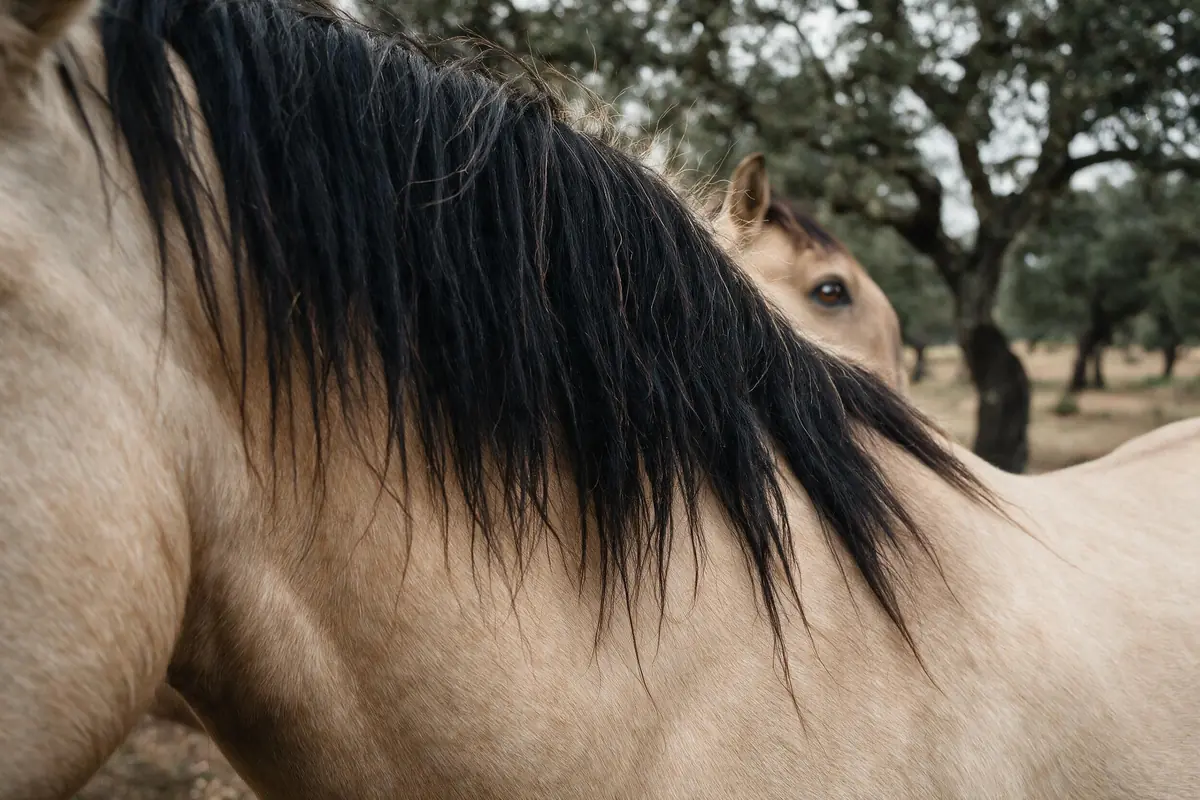 Detalle del caballo isabelino: crines negras sobre cuerpo dorado arena