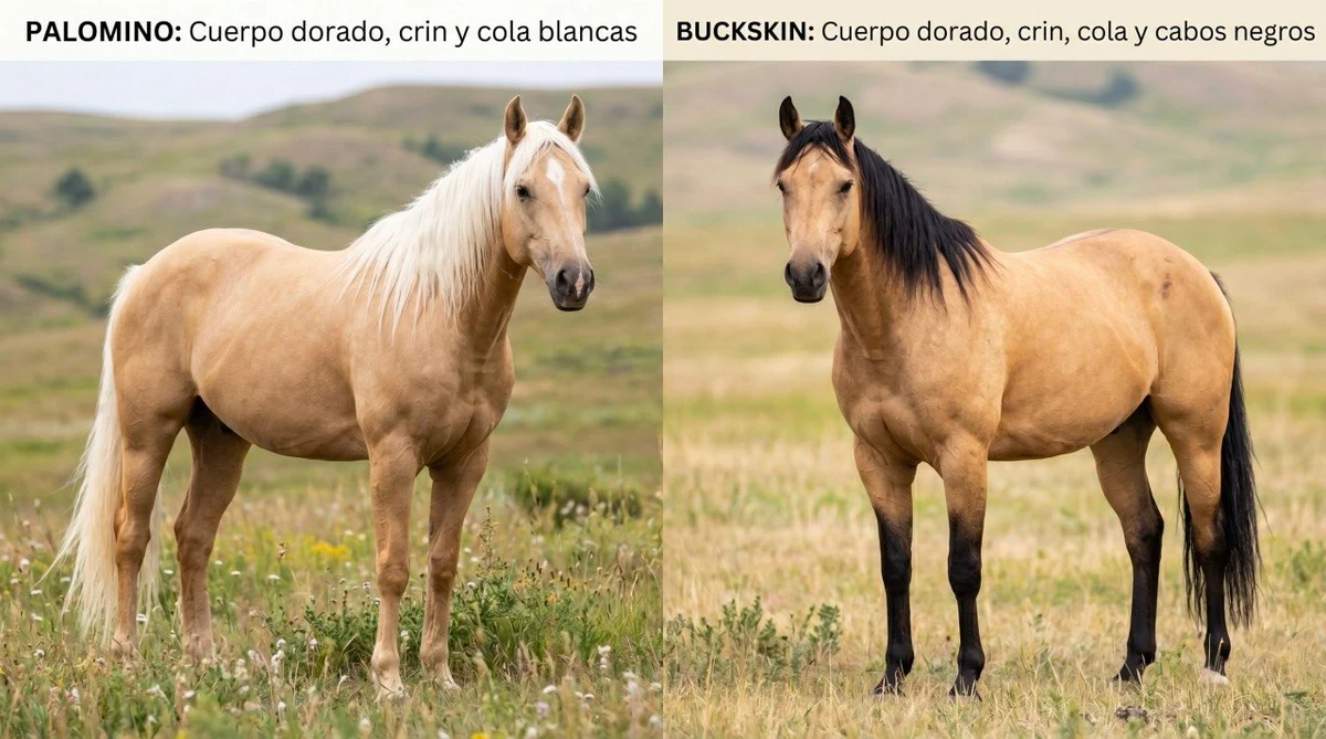 Comparativa visual entre caballo palomino con crines blancas y buckskin con crines negras