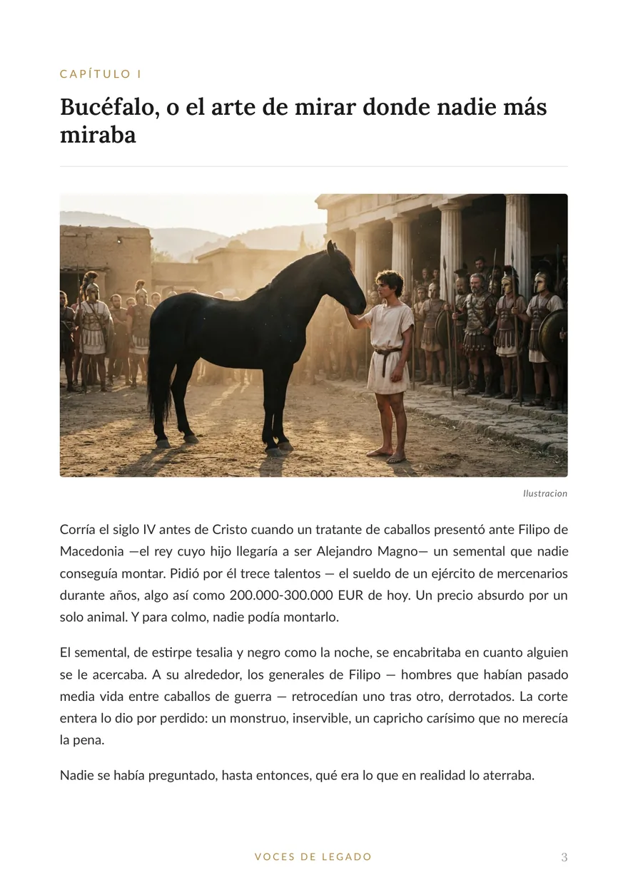 Pagina interior del dossier: Capitulo I, Bucefalo, con ilustracion