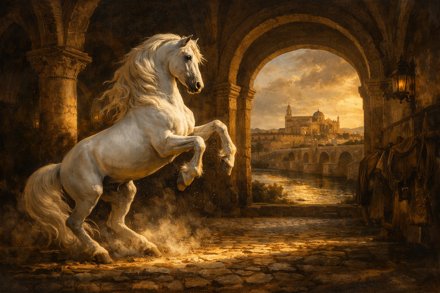 Caballo andaluz en movimiento, mostrando la elegancia característica del caballo español