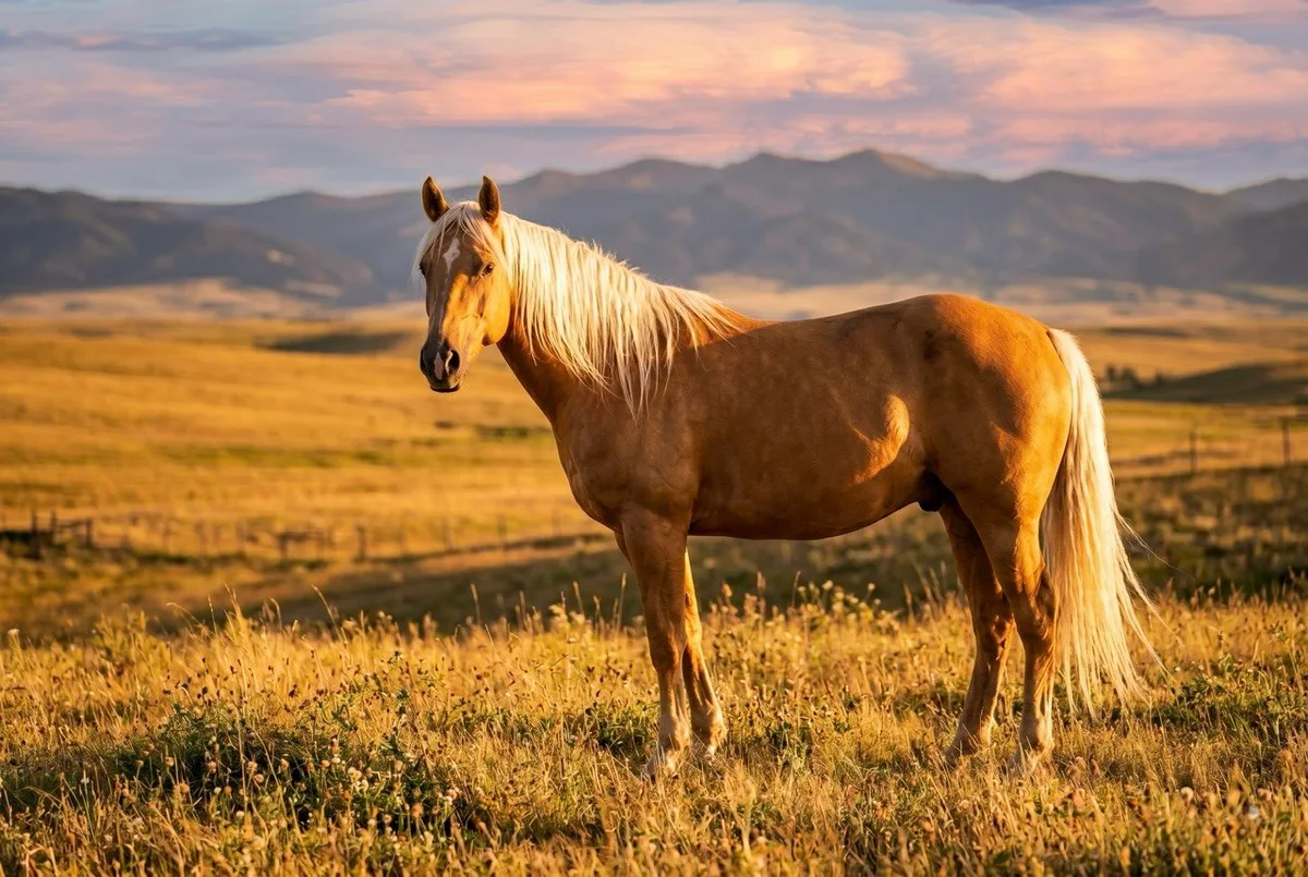 Caballo palomino con cuerpo dorado y crines blancas