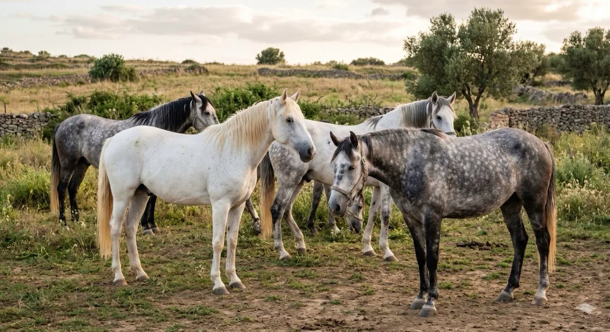 Caballo tordo rodado mostrando la mezcla de pelos blancos y oscuros con patrón dapple caracteristico