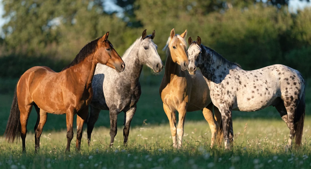 Galería de caballos de distintas capas: alazán, tordo, palomino y appaloosa leopardo juntos