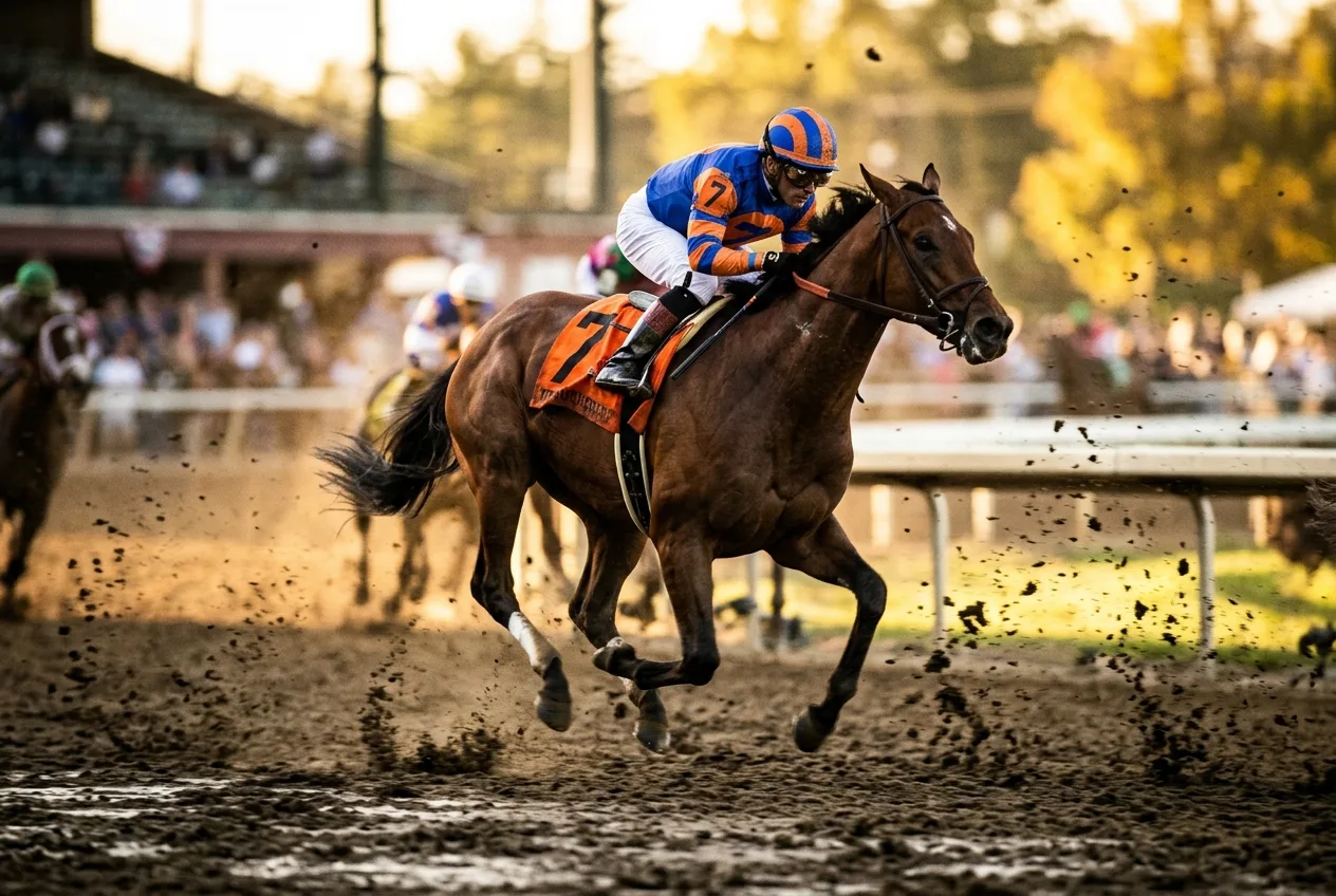 Pura Sangre Inglés a plena velocidad en una carrera de hipódromo