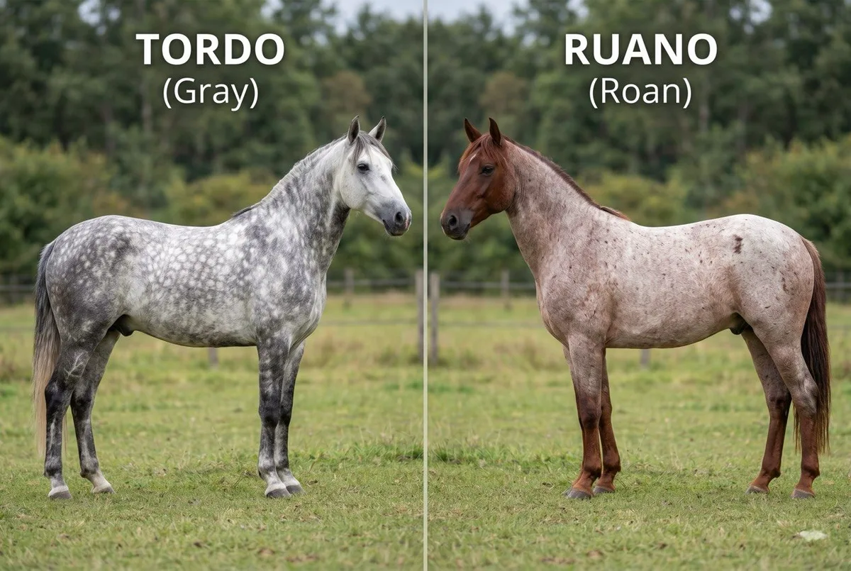 Comparativa visual entre caballo tordo con patron dapple y caballo ruano con mezcla uniforme de pelo blanco y color